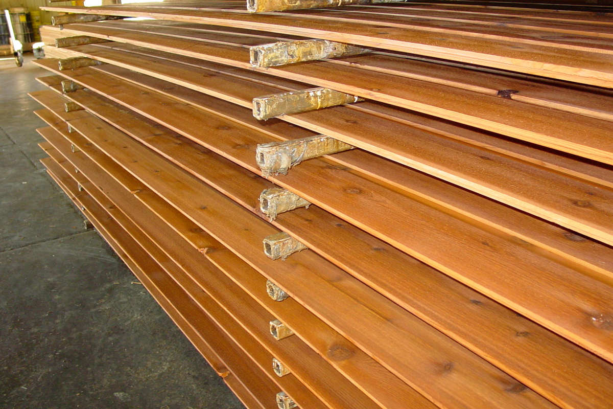 1x8 Dutch Lap Cedar Siding Customer Select Grade - Mill Pre-Stained and Drying on Racks