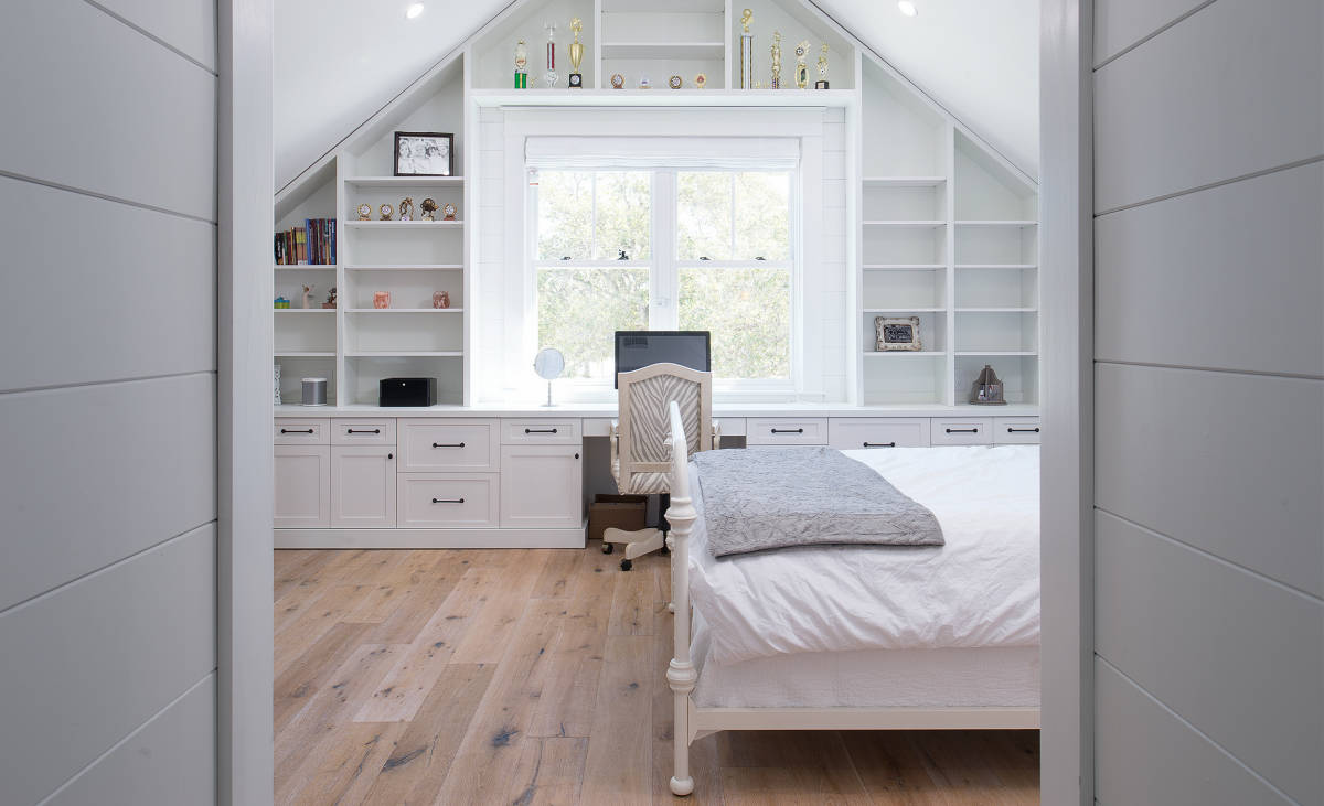 bedroom with painted wood paneling using shiplap wall board look